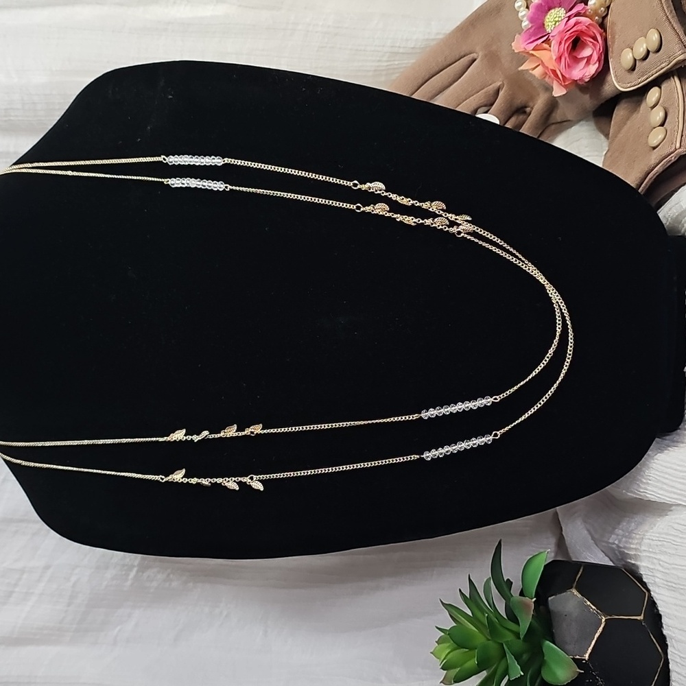 Express Goldtone Layered Leaf And Beaded Necklace 32"